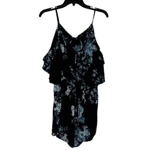 Black Blue Floral Aqua Cold Shoulder Wrap Spaghetti Strap Tie Romper C27